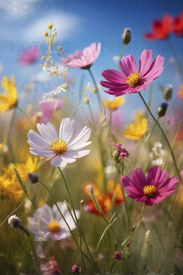 Wildflowers in a meadow, with a soft breeze slightly moving the petals, creating a serene and lively atmosphere, AI generated