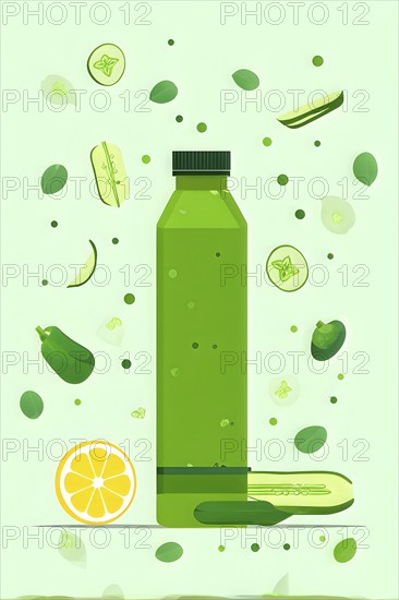 Abstract wallpaper composition with bottle of delicious green detox juice and fruits and vegetables, AI generated