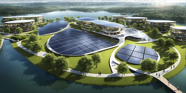 3d rendering of a sustainable engaged waterfront development with floating solar panels, AI generated
