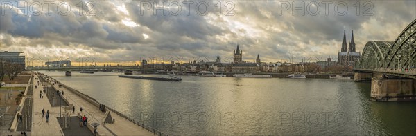 City panorama of Cologne, Deutzer Rheinufer, Rhine, Kranhaeuser, Old Town, Cologne Cathedral and Hohenzollern Bridge, Cologne, North Rhine-Westphalia, Germany, Europe