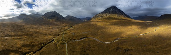 Morning light, cloudy mood, sunbeams, moor, mountain landscape, aerial view, road, autumn, panorama, Glen Etive Road, view of Buachaille Etive Mòr, Glencoe, Scottish Highlands, Scotland, Great Britain