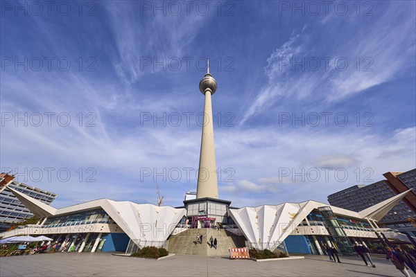 Berlin television tower against blue sky with cirrostratus clouds, Panoramastraße, Berlin, capital city, independent city, federal state Berlin, Germany, Europe