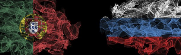 Flags of Portugal and Russia on Black background, Portugal vs Russia Smoke Flags