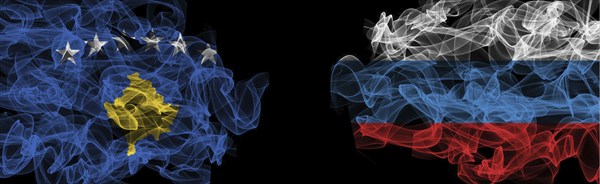 Flags of Kosovo and Russia on Black background, Kosovo vs Russia Smoke Flags