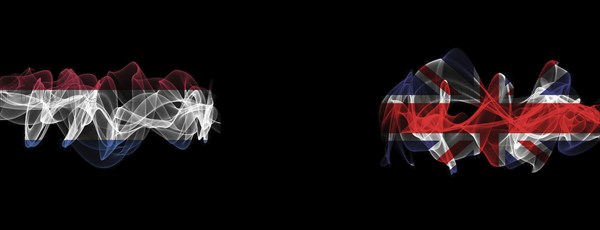 Flags of Netherlands and United Kingdom on Black background, Netherlands vs United Kingdom Smoke Flags