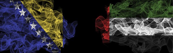 Flags of Bosnia and Herzegovina and UAE on Black background, Bosnia and Herzegovina vs United Arab Emirates Smoke Flags
