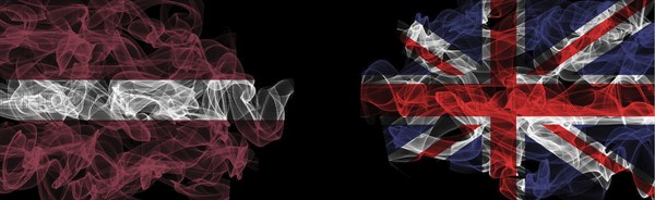 Flags of Latvia and United Kingdom on Black background, Latvia vs United Kingdom Smoke Flags