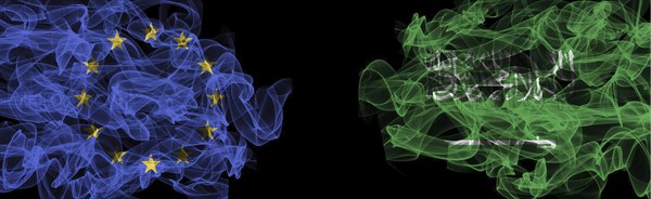 Flags of EU and Saudi Arabia on Black background, EU vs Saudi Arabia Smoke Flags