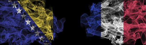 Flags of Bosnia and Herzegovina and France on Black background, Bosnia and Herzegovina vs France Smoke Flags