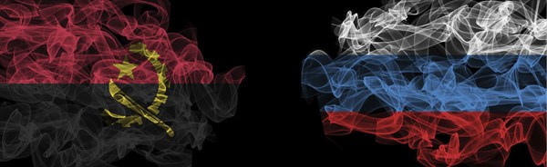 Flags of Angola and Russia on Black background, Angola vs Russia Smoke Flags