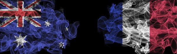 Flags of Australia and France on Black background, Australia vs France Smoke Flags