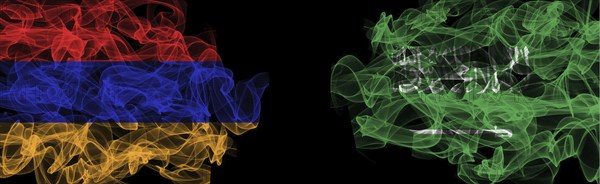 Flags of Armenia and Saudi Arabia on Black background, Armenia vs Saudi Arabia Smoke Flags