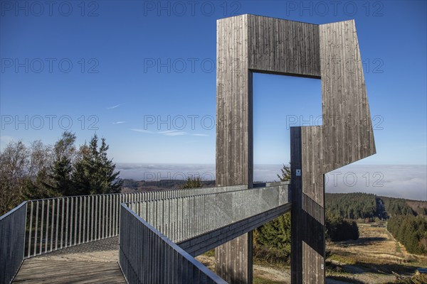 Wooden sculpture with steel walkway and viewpoint. Windsound sculpture Erbeskopf, Hilscheid, Rhineland-Palatinate, Germany, Europe
