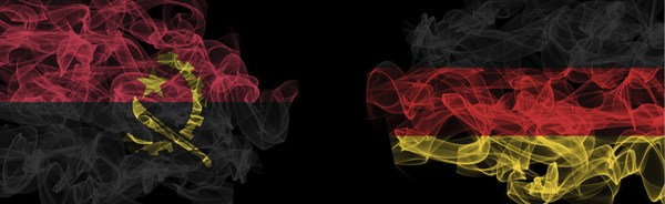 Flags of Angola and Germany on Black background, Angola vs Germany Smoke Flags