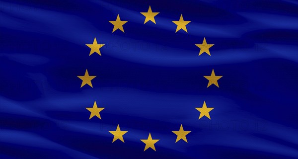 European Union flag with a fabric texture waving. Close up of flag of the European Union with cloth texture