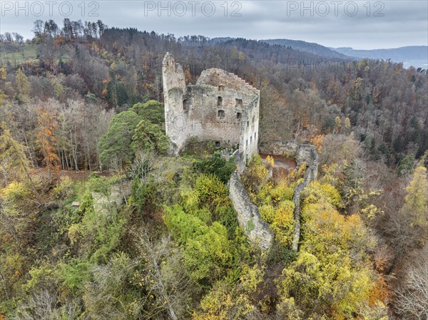 Aerial view of the ruins of Altbodman on the Bodanrück, above the village of Bodman in autumn vegetation, Lake Constance, Bodman-Ludwigshafen, district of Constance, Baden-Württemberg, Germany, Europe