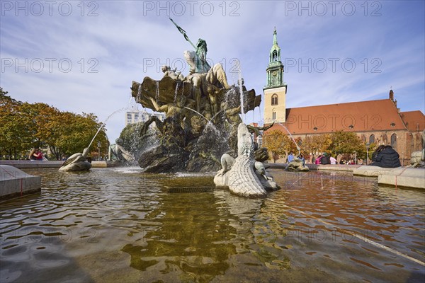 Neptune Fountain and St Mary's Church in Berlin, capital city, independent city, federal state of Berlin, Germany, Europe