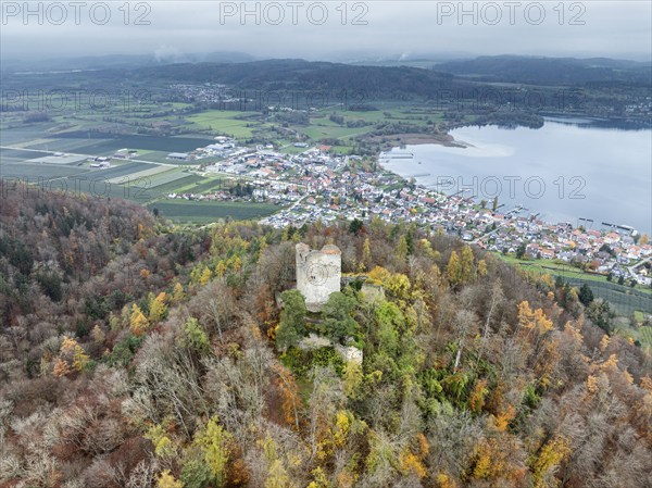 Aerial view of the ruins of Altbodman on the Bodanrück, above the village of Bodman in autumn vegetation, Lake Constance, Bodman-Ludwigshafen, district of Constance, Baden-Württemberg, Germany, Europe