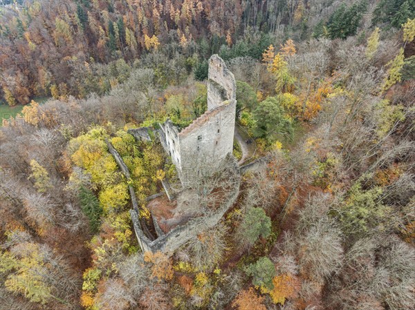 Aerial view of the ruins of Altbodman on the Bodanrück, above the village of Bodman in autumn vegetation, Lake Constance, Bodman-Ludwigshafen, district of Constance, Baden-Württemberg, Germany, Europe