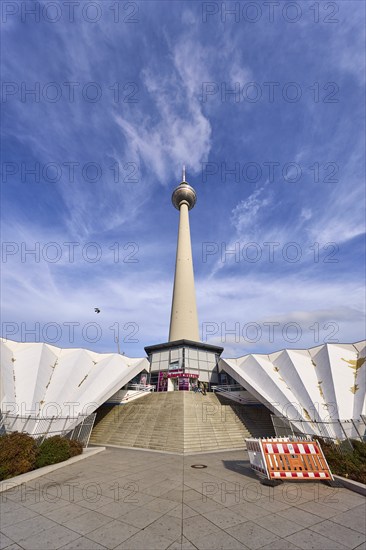 Berlin television tower with stairs against blue sky with cirrostratus clouds, Panoramastraße, Berlin, capital city, independent city, federal state Berlin, Germany, Europe