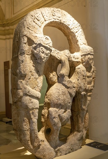 La Estela de Tabi stelae inside Palacio Canton palace anthropology museum, Merida, Yucatan State, Mexico, Central America