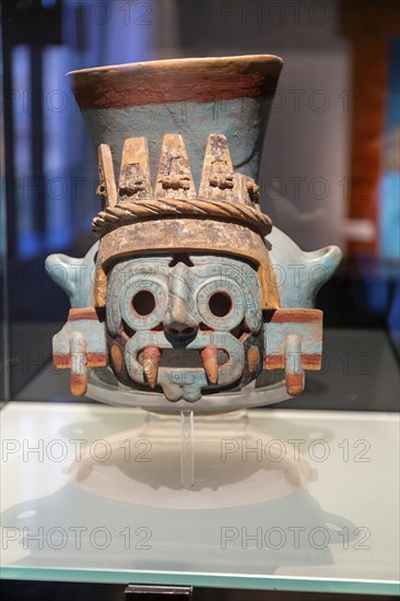Ceramic pot depicting Tlaloc, Aztec God of rain, archaeological site and museum of Templo Mayor, Mexico City, Mexico, Central America