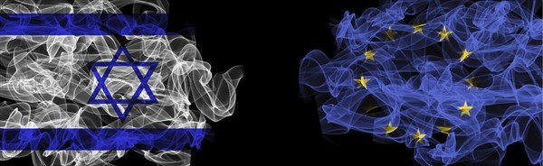 Flags of Israel and EU on Black background, Israel vs Europe Union Smoke Flags