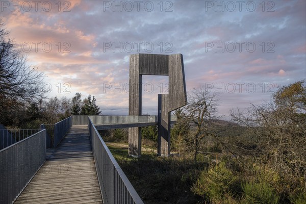 Wooden sculpture with steel walkway and viewpoint. Windsound sculpture Erbeskopf, Hilscheid, Rhineland-Palatinate, Germany, Europe