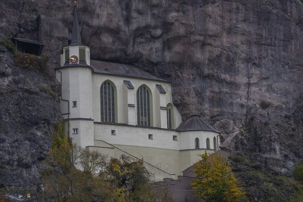 An old half-timbered town in autumn. A church was built into a rock here. Unique German architecture. Foggy landscape in the morning at the rock church, Idar-Oberstein, Rhineland-Palatinate, Germany, Europe