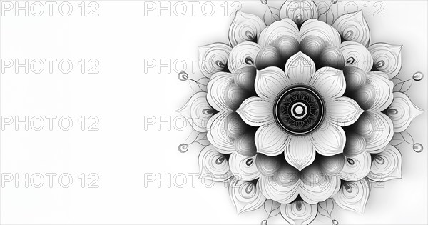 Simple line art mandala pattern over white background and copy space, AI generated