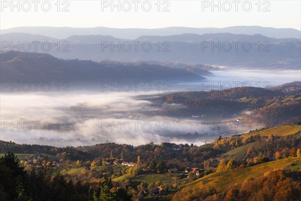 Autumn atmosphere in the morning light, fog drifts over forest with foliage colouring, vineyards and hilly landscape, view from the Demmerkogel lookout point, St. Andrä-Höch, Sausal wine country, Styria, Austria, Europe