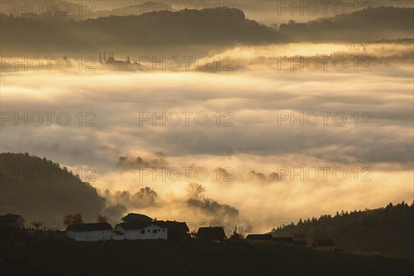 Autumn atmosphere in the golden morning light, fog drifts over forest with foliage colouring, hilly landscape and farmstead, view from the Demmerkogel lookout point, St. Andrä-Höch, Sausal wine country, Styria, Austria, Europe