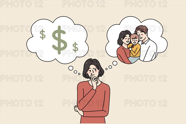 Confused young woman think of life plan, make choice between money and motherhood. Frustrated female choose between career and family. Flat illustration, cartoon character