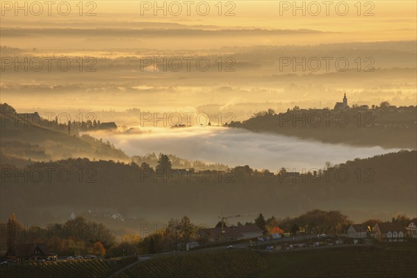 Autumn atmosphere in the golden morning light, fog drifts over the hilly landscape, silhouette of Frauenberg church in the background, view from the Demmerkogel viewing platform, St. Andrä-Höch, Sausal wine country, Styria, Austria, Europe