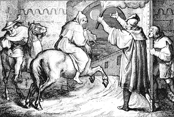 Martin Luther leaves Augsburg on horseback, city gate, night, riding, torch, secret, religion, 16th century, historical illustration c. 1860