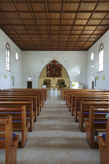 Pews, back choir room, Protestant St. Andrew's Church, sacred building, Eningen unter Achalm, Baden-Württemberg, Germany, Europe