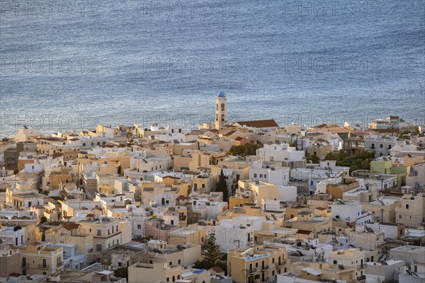 View from Ano Syros to the houses of Ermoupoli and church in the morning light, Ano Syros, Syros, Cyclades, Greece, Europe