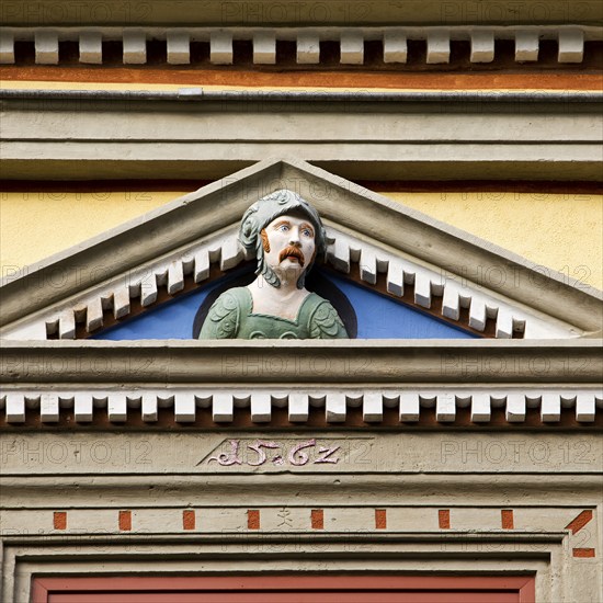 A so-called gaff head on the façade of the Haus zum Roten Ochsen, Renaissance, Erfurt, Thuringia, Germany, Europe