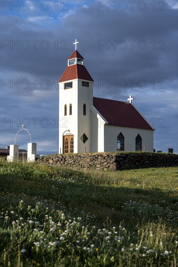 Church in the evening light, Möðrudalur, Icelandic Highlands, Iceland, Europe