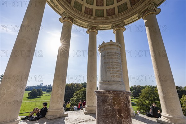 People at the round temple Monopteros in the English Garden, Munich, Bavaria, Germany, Europe