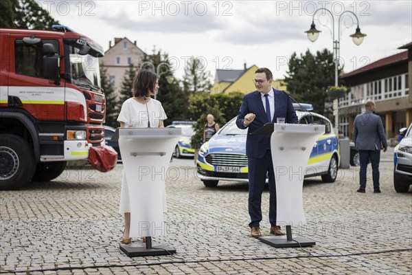 Annalena Bärbock (Bündnis 90 Die Grünen), Federal Minister of Foreign Affairs, and Jan Lipavsky, Minister of Foreign Affairs of the Czech Republic, recorded at a joint press conference in Bärenstein, 14.07.2023., Bärenstein, Germany, Europe