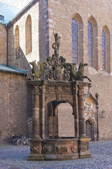(© Sylvio Dittrich +49 1772156417) Neptune Fountain in the castle courtyard Merseburg Castle is a Renaissance-style castle in the town of Merseburg in Saxony-Anhalt. It was a royal palace, ducal residence and bishop's seat. Merseburg Castle is owned by the district of Saalekreis. Today, the district administration is based in the historic complex