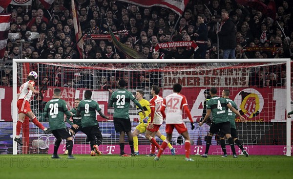 Goal, header Harry Kane FC Bayern Munich FCB (09) penalty area scene, goal area scene, Allianz Arena, Munich, Bavaria, Germany, Europe