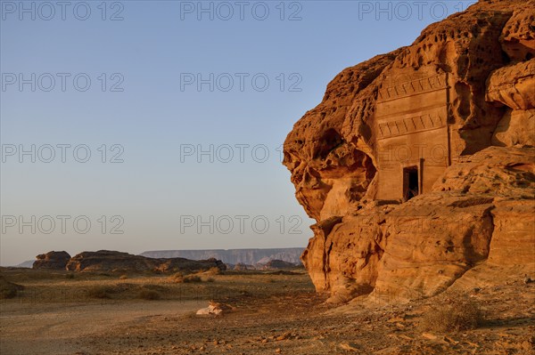 Nabataean tomb at Djabal Al-Ahmar in first daylight, Hegra or Mada'in Salih, AlUla region, Medina province, Saudi Arabia, Arabian Peninsula, Asia