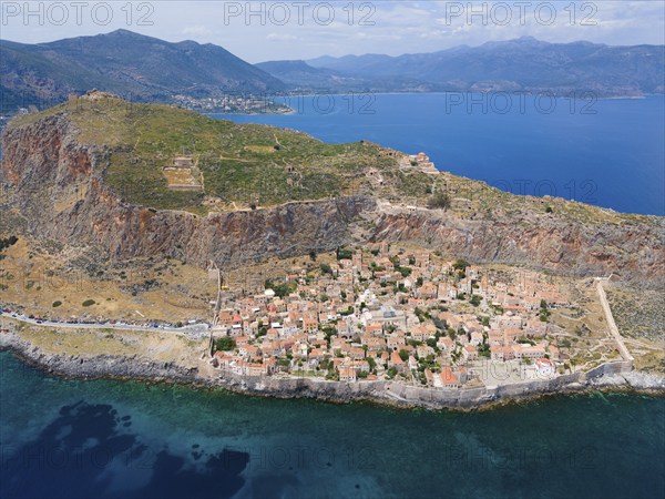Drone shot, Monemvasia rocks, Monemvassia, Monemwassia, Monembasia, Laconia, Peloponnese, Greece, Europe