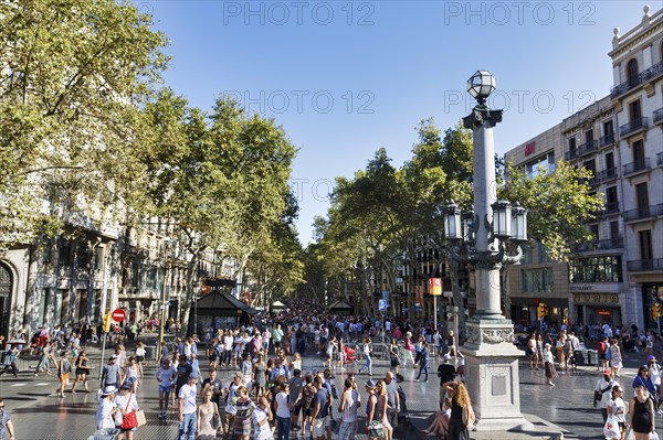 Crowd in summer, pedestrians and tourists in pedestrian zone La Rambla, Ramblas, old town, Barcelona, Catalonia, Spain, Europe
