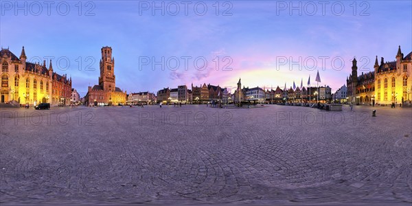 360 spherical panorama of Brugge Grote Markt square with famous tourist attraction Belfry and statue of Jan Breydel and Pieter de Coninck and Provincial Court illuminated at night. Bruges, Belgium, Europe