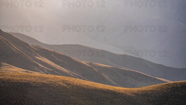 Mountain landscape detail in the evening light, Hills overgrown with yellow grass, Toktogul reservoir, Jalalabad region, Kyrgyzstan, Asia