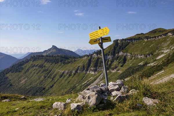 Mountain landscape, signpost with view to Hochwieskopf, Osterhorngruppe, Salzkammergut, Land Salzburg, Austria, Europe
