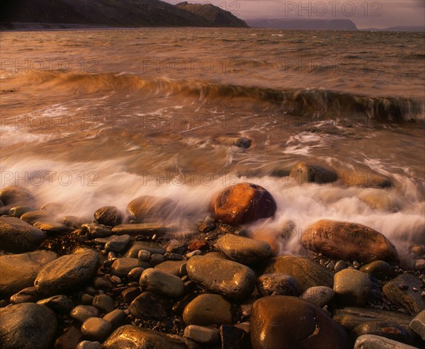 Stones on the beach, fjord, Varanger Peninsula, Norway, Europe